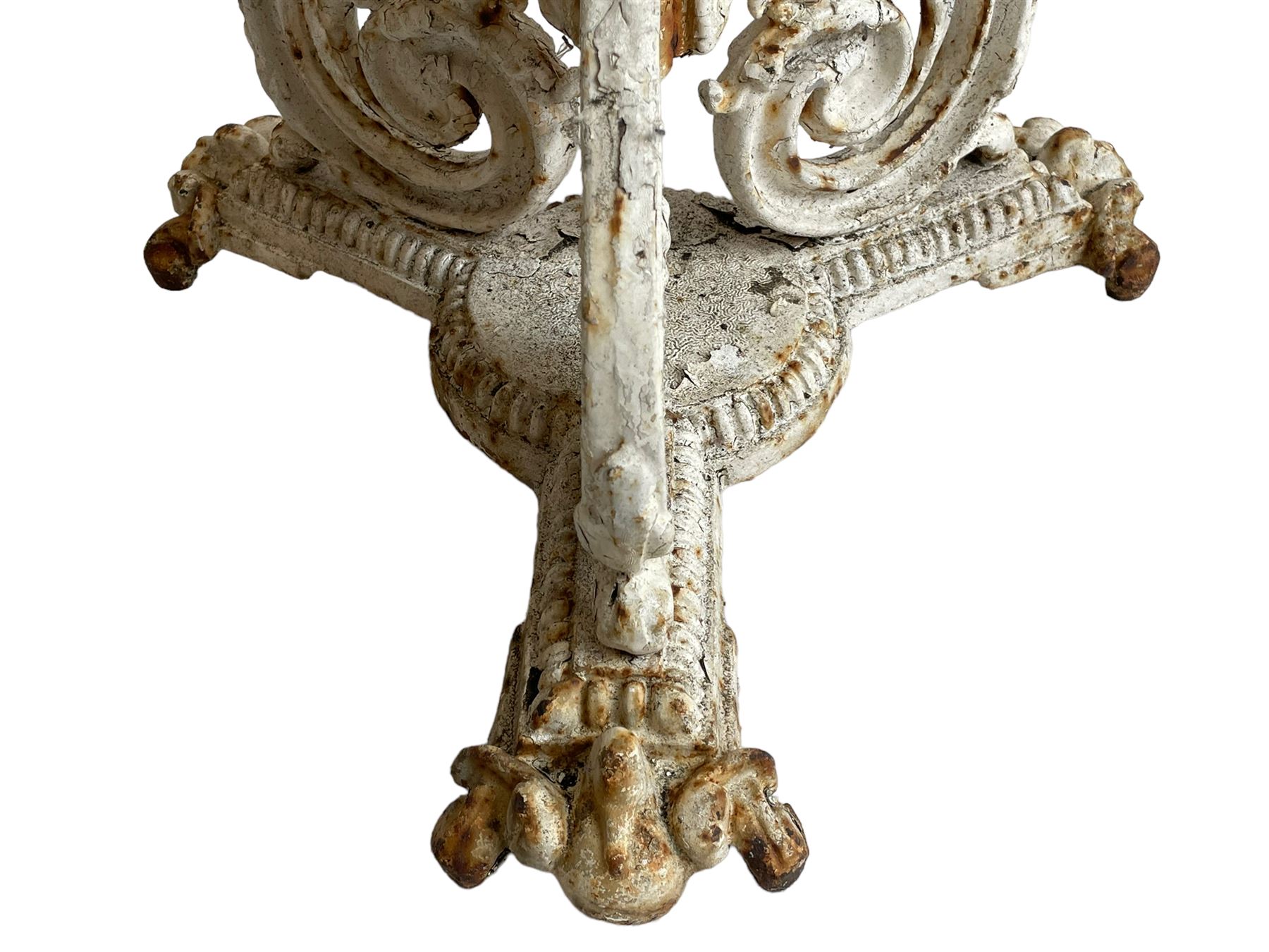 Coalbrookdale design - 19th century cast iron and cast alloy garden table, circular top with beaded edge pierced with scrolls, the pedestal decorated with scrolling and foliate motifs triple arm platform bass with scrolled feet