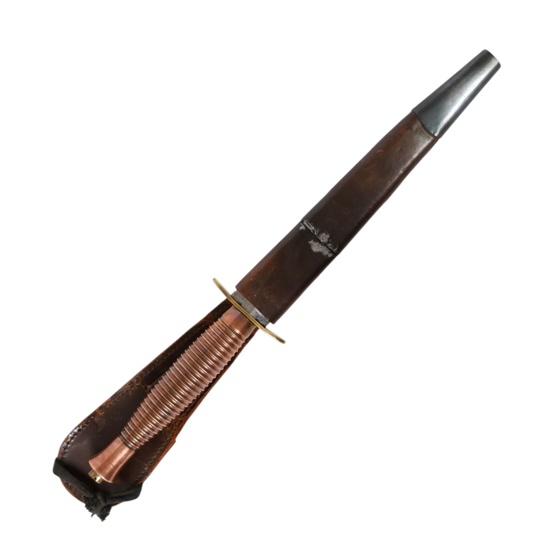 British Commando knife, with 17.5cm double edged blade, with leather scabbard, overall L31cm