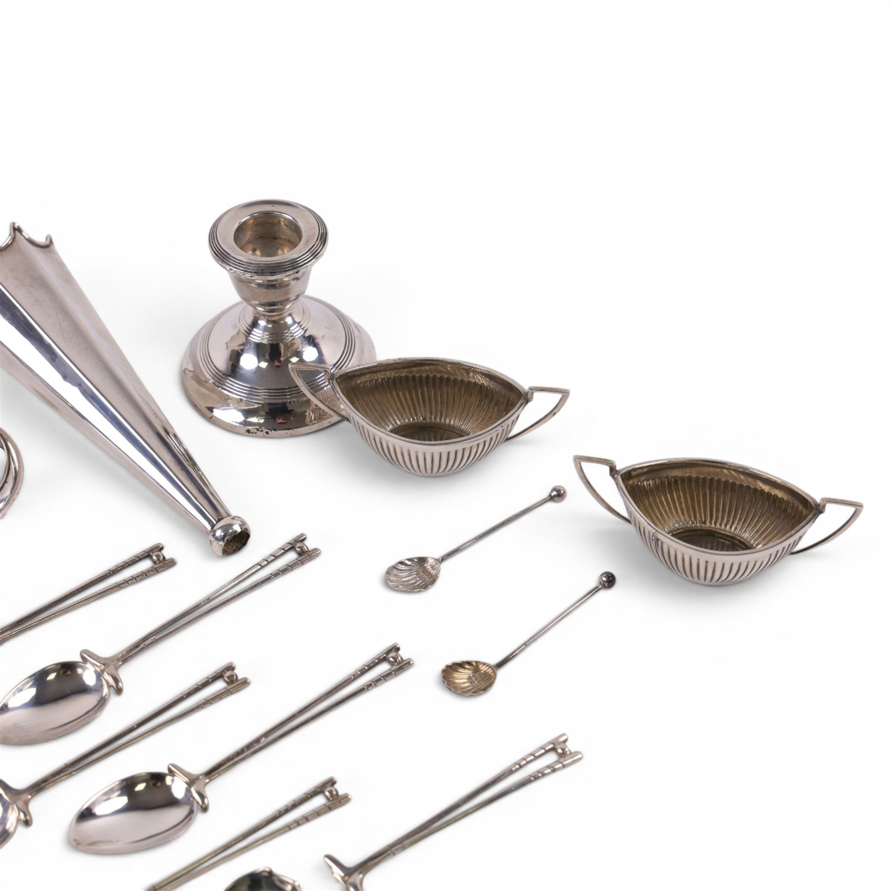 Group of silver, including salts, spoons, candlestick and oddments, all hallmarked