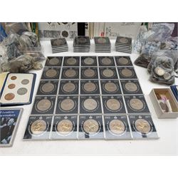Great British and World coins, including commemorative crowns, 1980 coin year set in plastic display with card outer, two 1999 brilliant uncirculated coin collections, other coins in card folders, pre-decimal coinage, various Bank of England one pound notes, small number of first day covers etc