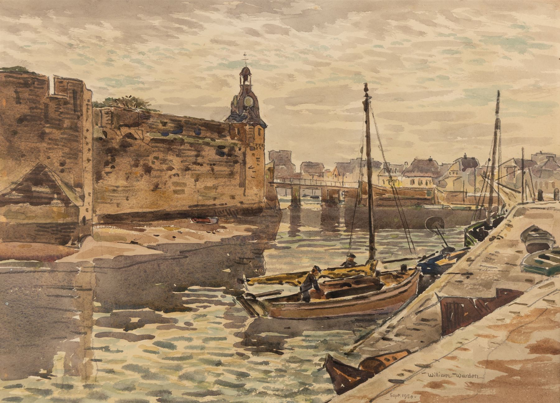 William Warden (British 1908-1982): 'Morning - Concarneau', watercolour signed and dated 1950, titled and with original label verso 27cm x 37.5cm