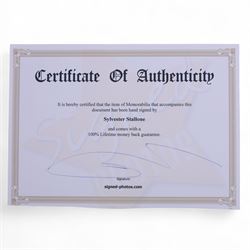 Four Sylvester Stallone film stills and promotional shots, including one depicting Rocky Balboa in the ring, three signed by Sylvester Stallone and one signed by Brigette Nielsen, all with certificates of authenticity