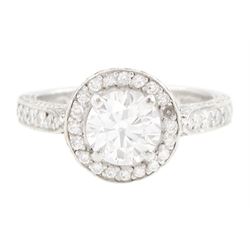 Platinum round brilliant cut diamond cluster ring, the principal diamond of approx 1.05 ca...