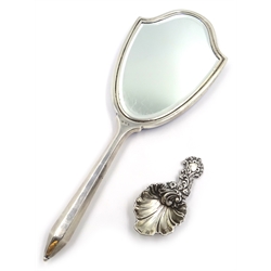  Art Deco guilloche enamel and silver backed dressing table mirror, Birmingham 1928 30cm and a silver caddy spoon by Aaron Hadfield, Sheffield 1850, acanthus and scroll design 9cm   