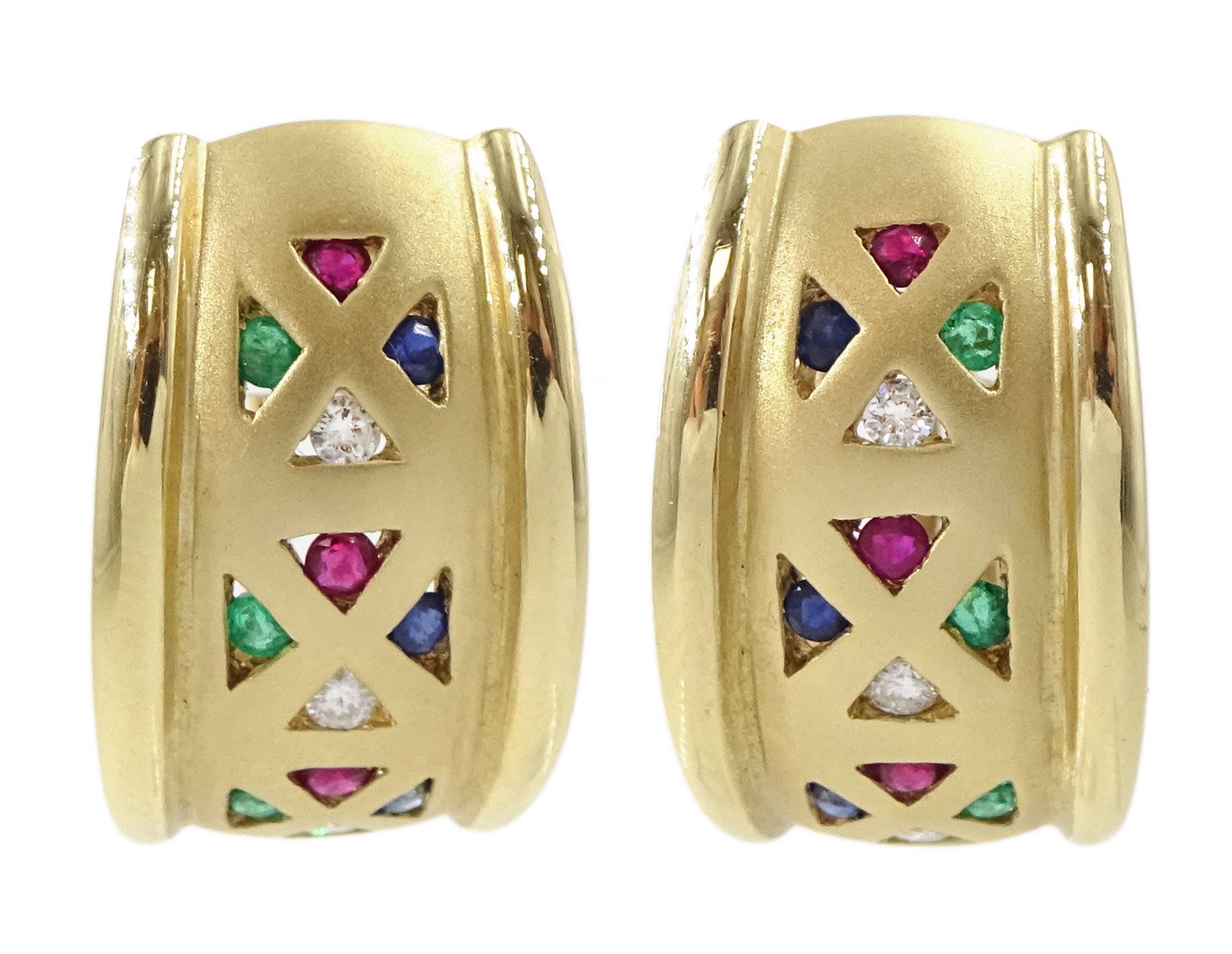 Pair of 14ct gold emerald, ruby, sapphire and diamond half hoop earrings, in satin gold finish by by Colombian Emeralds International, boxed with certificate 