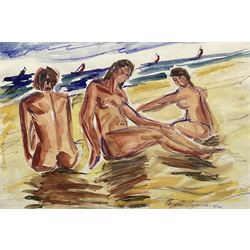 Sergie Luppov (Russian 1893-1977): Three Nude Women at the Beach, watercolour signed and dated '20, 30cm x 45cm
