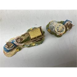 Four Classic Collectables Brambly Hedge figures, comprising Basil Pouring Drinks, Wilfred and Teasel Pushing Cart, Poppy Carry Pails and Mrs Apple, Wilfred and Basket, all boxed