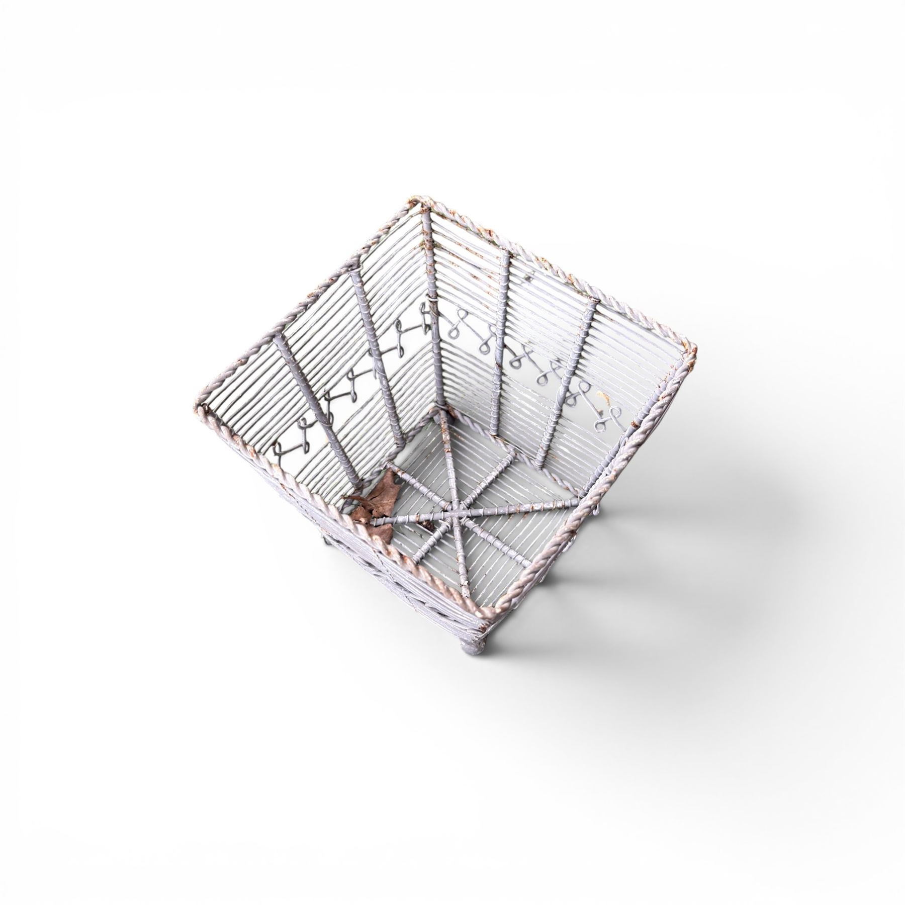 Eight small painted wirework garden planters, painted in antique white and grey finish