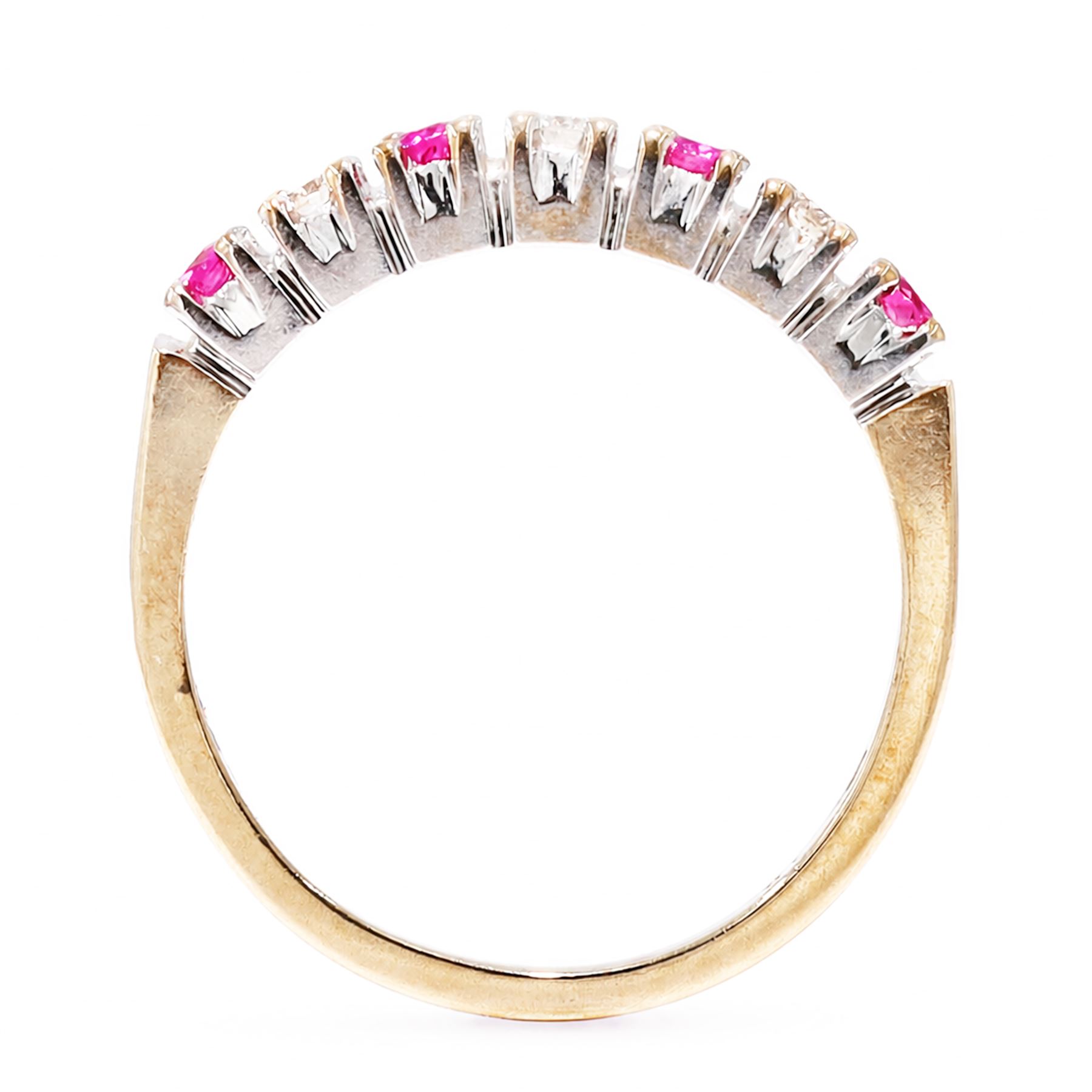 9ct gold ruby and diamond seven stone half eternity ring, alternate set with round brilliant cut diamonds and rubies, hallmarked, total diamond weight 0.15 carat