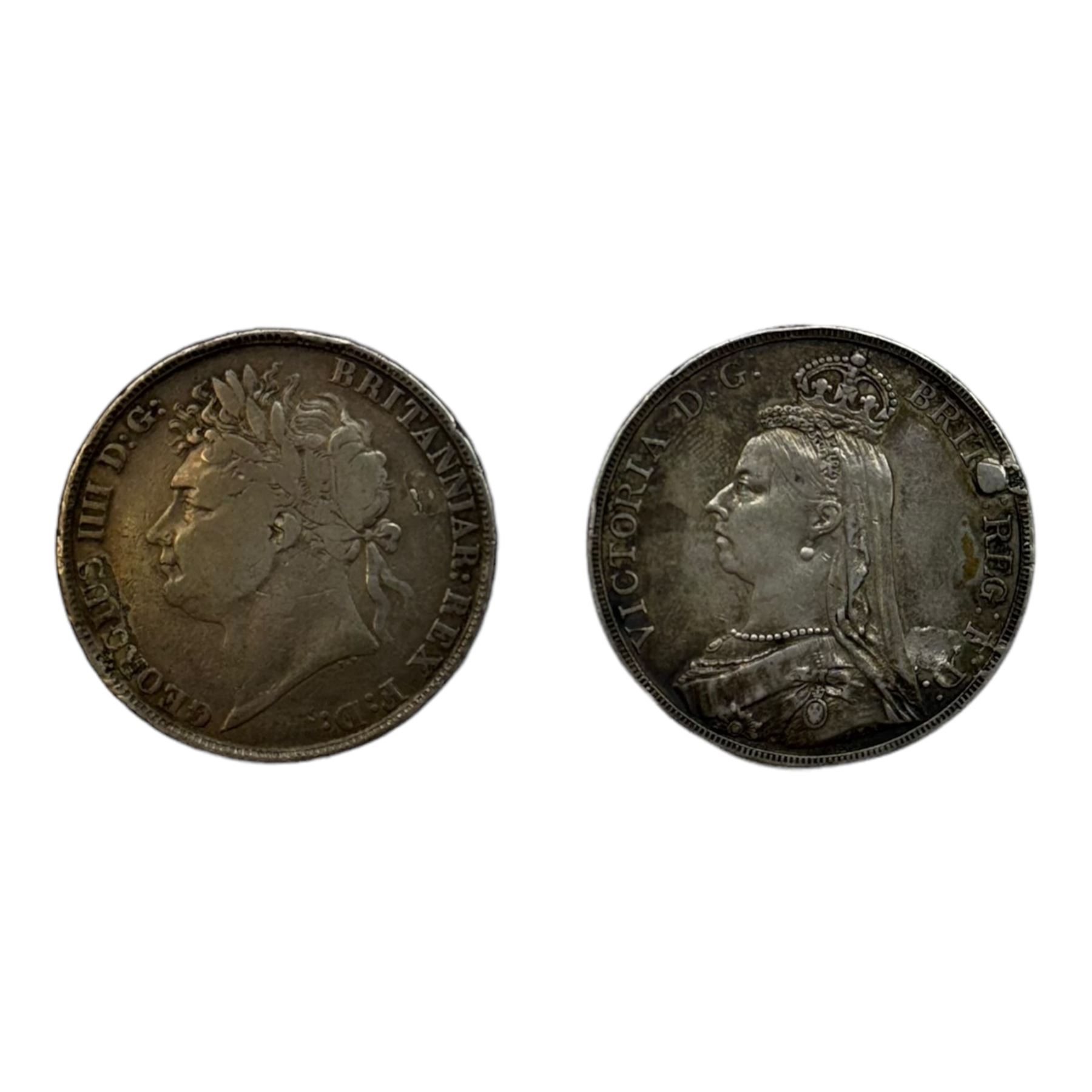 King George IV 1822 silver crown coin and Queen Victoria 1887 crown coin previously mounted (2)