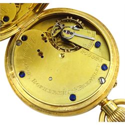 Edwardian 18ct gold open face keyless lever pocket watch by John Mason, Rotherham & Barnsley, No. 208923, white enamel dial with Arabic numerals and subsidiary seconds dial, the monogrammed back case by Rotherham & Sons, Birmingham 1903