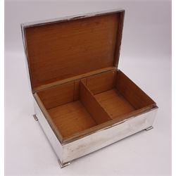 1920s silver mounted presentation cigarette box, of rectangular form, with engraved initials J.W.J and dated 1902-1927 to slightly domed hinged cover, opening to reveal compartmentalised softwood interior, upon four bracket feet, hallmarked Birmingham 1920, maker's mark worn and indistinct, H9cm, W23cm, reputedly given to John William Johnson, father of Amy Johnson,  famous for being the first long distance (to Australia) solo female pilot, and first female British grounds engineer, for his silver wedding anniversary