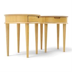 Bentley Designs - Pair of 'Dansk' light oak circular bedside or lamp tables, one drawer with recessed handle, tapering circular supports
