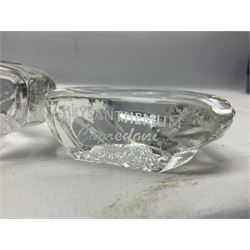 Mats Jonasson of Sweden glass Otter paperweight, Capredoni by Dartington Crystal Crysanthemum paperweight, boxed British Fossils agate geode, silver plated wine bottle coaster and Aynsley vase, etc, all boxed