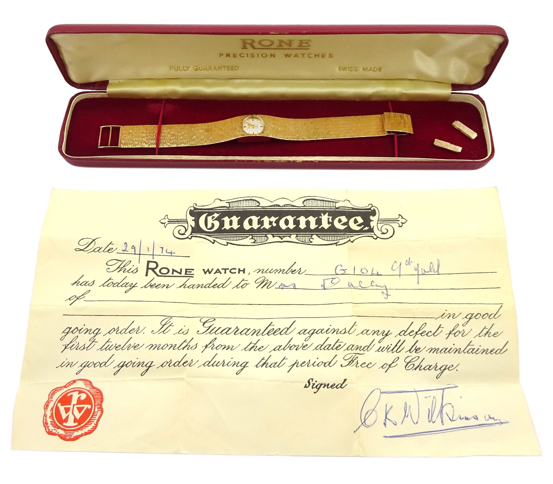 Rone 9ct gold ladies manual wind wristwatch, on integrated 9ct gold bracelet, London 1973