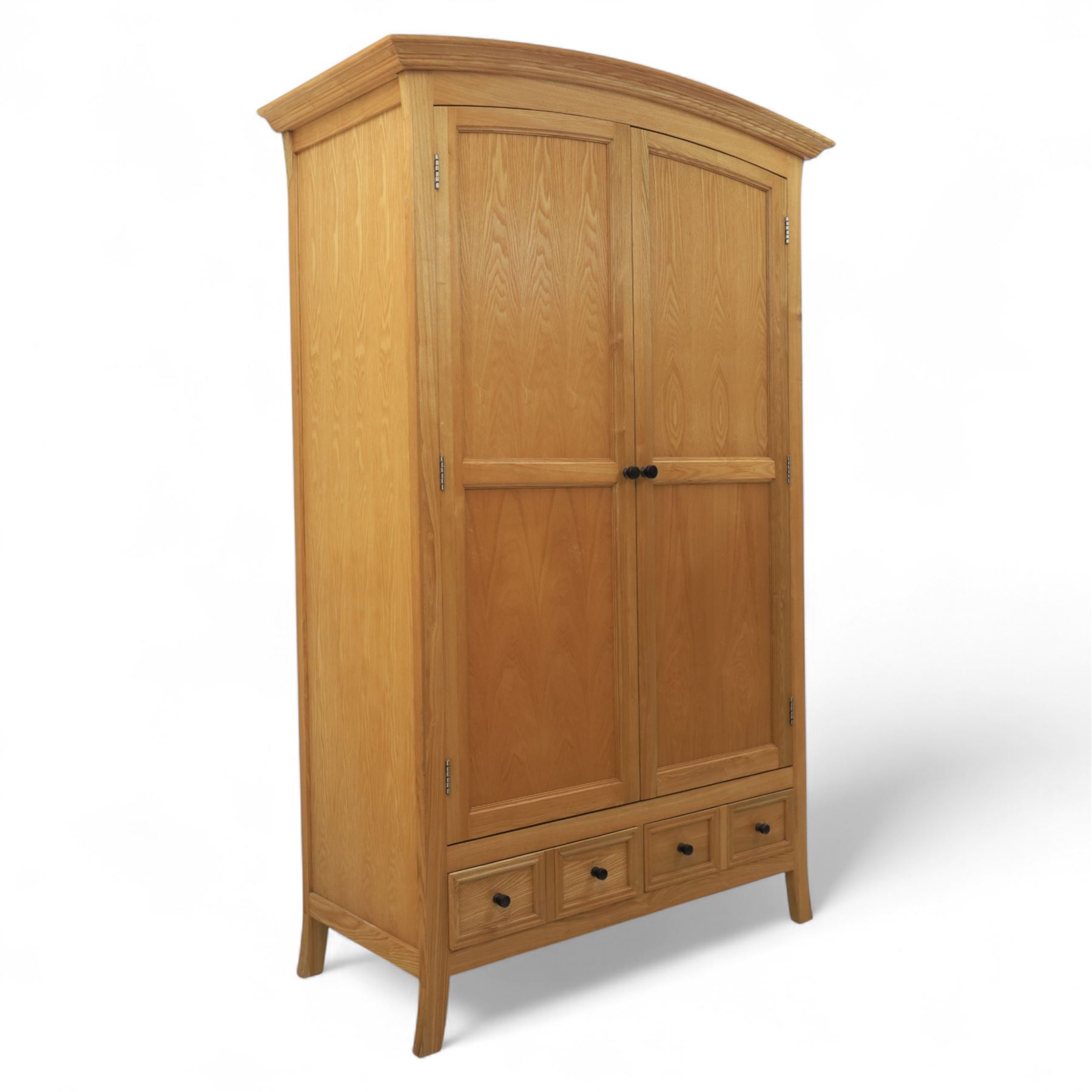 Contemporary oak double wardrobe, with fitted hanging rail above two drawers, raised on splayed feet