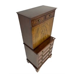Shaw of London - mahogany secretaire chest, the upper section fitted with two drawers over fall front enclosing drawers, cupboard and pigeon holes, the lower section fitted with four graduating drawers, on bracket feet