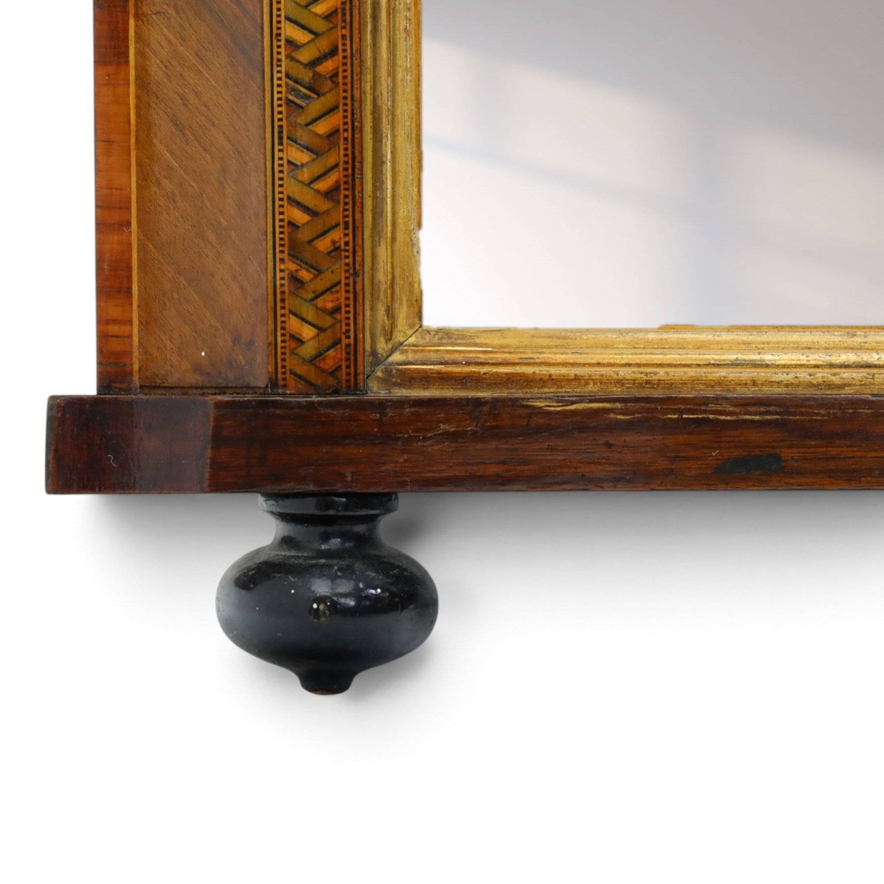 Victorian Tunbridge ware rectangular wall mirror, the moulded frame with rounded upper corners, veneered in figured walnut with geometric mosaic banding, enclosing a plain rectangular mirror plate, on projecting lower rail