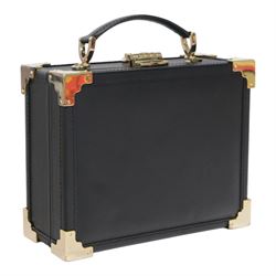 Aspinal of London black leather structured top-handle handbag with gold-tone metal mounts and corner protectors, the hinged lid opening to a fabric-lined interior fitted with a zip pocket and slip compartment, leather brand label stamped Aspinal of London England, fitted with a detachable adjustable leather shoulder strap, accompanied by an Aspinal of London dust bag and presentation box, W19cm D8cm H16cm