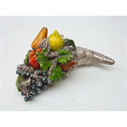  Silver and enamel cornucopia of fruit, signed Stella by Camelot Silverware, Sheffield 1991 (filled) L22cm   