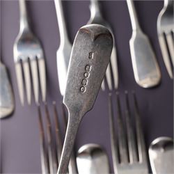 Suite of Victorian silver fiddle pattern cutlery comprising eighteen table forks, seventeen dessert spoons, fifteen dessert forks and three table spoons London 1856 Maker A B Savory & Sons