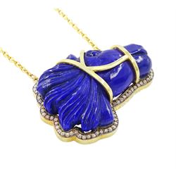 Silver-gilt lapiz lazuli and diamond horses head necklace, carved head with rose cut diamond surround, to a gilt fine link chain necklace, lapiz weight approx 46.20 carat, total diamond weight approx 0.50 carat