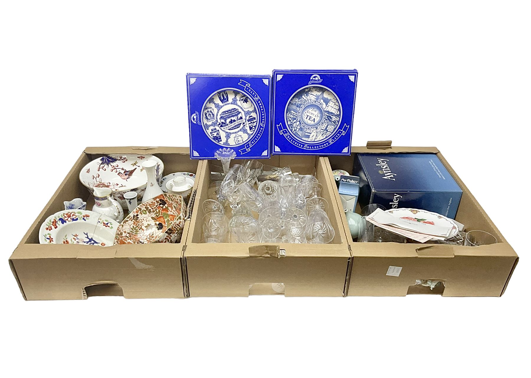 Large Coalport bowl in Hong Kong pattern, together with Coalport mask-head jug, Baccarat glass vase, and other glassware and ceramics, in three boxes 