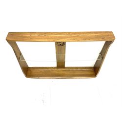 Ercol medium elm two tier wall plate rack, and additional Ercol two tier wall plate rack, with glass shelf and swan detail. 