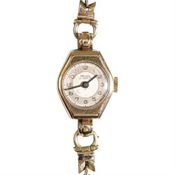 Majex ladies 9ct gold manual wind wristwatch, on integral 9ct gold bracelet, hallmarked