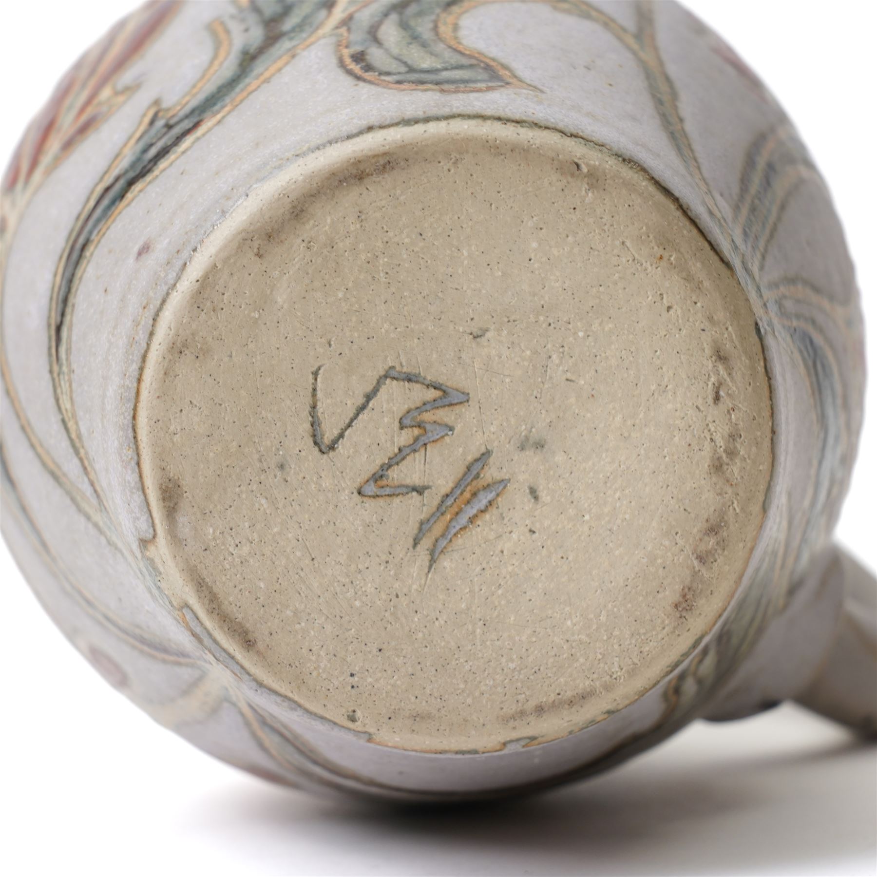 John Egerton (c1945-2024): studio pottery jug, decorated with artichoke on a blue ground, with mark beneath, H22cm 