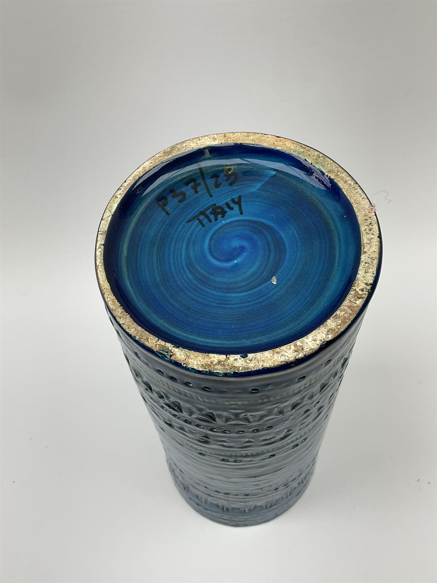 Aldo Londi for Bitossi , an Italian Rimini Blu vase, of cylindrical form decorated with incised geometric bands, with painted marks beneath, H25.5cm. 