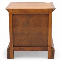 Singapore hardwood bedside chest, rectangular moulded top above two drawers fitted with metal plate handles, on shaped bracket feet