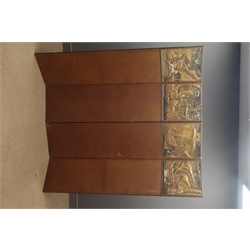  20th century three fold Screen, the four nailed rexine panels decorated with a coloured embossed panorama of Galleons entering a harbour, each panel 173cm x 40cm  