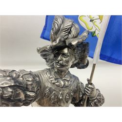 WMF figure, of a man holding a flag and raising a glass, upon a circular base with lion mask decoration, with stamped mark beneath, with flag H44cm