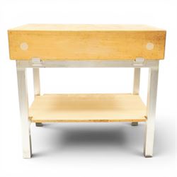 20th century butchers block kitchen island, solid top raised on stainless steel supports u...