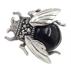 Silver black onyx and marcasite bug brooch, stamped 925 