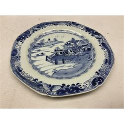 Chinese export blue and white footed bowl painted in underglaze blue with stylised pagoda scene, together with two Chinese plates each depicting a river and pagoda scene, largest D23.5cm