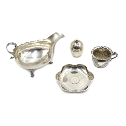  Silver sauce boat by Robert Stebbings London 1910, Peruvian Amano silver dish stamped 925 with inset 1899 coin, Victorian silver cup and a screw top condiment 7.5oz  