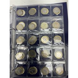 Mostly United Kingdom Queen Elizabeth II commemorative coins including four five pound coins, twenty-six two pounds, fifty fifty pence pieces etc, some housed on 'Change Checker' cards, housed in a ring binder folder