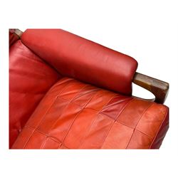 Folke Ohlsson for Gimson & Slater - mid-20th century Danish teak-framed sofa, red leather upholstery with patchwork design, raised on shaped teak side supports