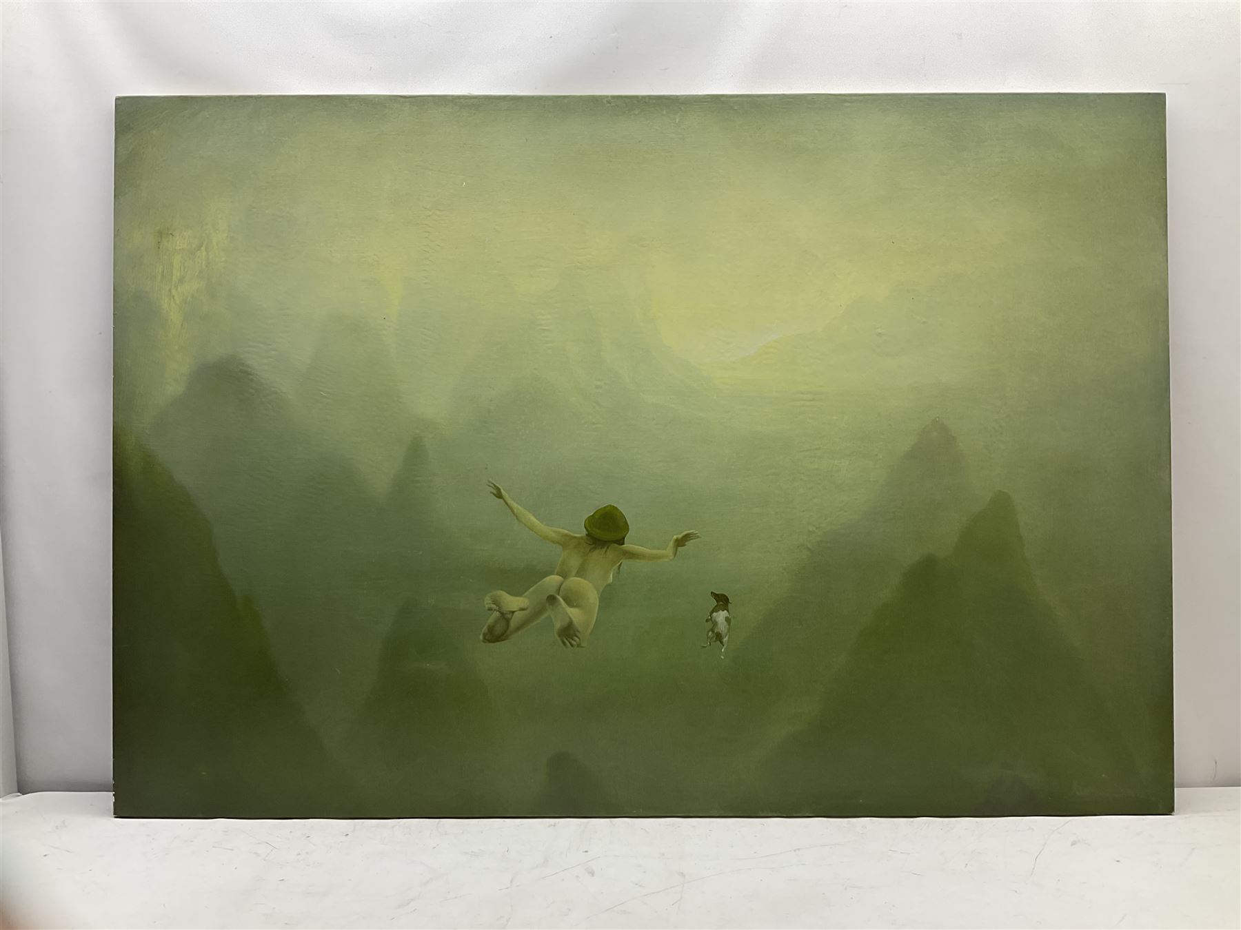 Peter Van Straten (South African 1972-): 'Breast-Stroke' Flying Girl and Terrier, oil on canvas laid on board signed, titled verso 95cm x 139cm (unframed)
Provenance: with Knysa Fine Art, 8 Grey St., Knysa, South Africa, label verso