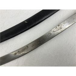 20th century Indian Tulwar sword with 71cm plain curving steel blade and iron hilt with extended langets, knopped grip and spiked pommel; in canvas covered wooden scabbard L87.5cm overall; together with five fencing swords comprising four foils and one epee, three marked Leon Paul, one in carrying case (6)