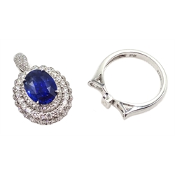  18ct white gold sapphire and diamond cluster ring/pendant, sliding shank with hidden pendant bail, stamped 18K sapphire 3.62 carat  