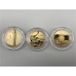 Captain Cook gold proof three coin series, comprising 2018, 2019 and 2020 dated gold proof two pound coins, all three housed together in a Royal Mint presentation box, the individual boxes and certificates are also present