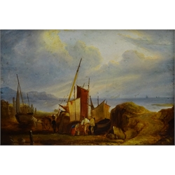  William Shayer (British 1787-1879): Unloading Beached Fishing Boats, oil on mahogany panel with original Jersey retailer verso signed and dated 1858, 25cm x 36cm  