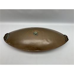 Victorian copper carriage foot warmer of flattened oval form with two carrying handles, L70cm