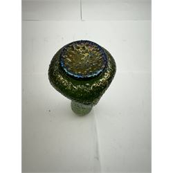 Three Austrian Art Nouveau green iridescent glass bottleneck vases, probably Rindskopf, to include one example with hallmarked silver collar, tallest H18cm (3)