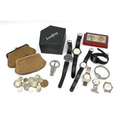 Poljot 18 jewels manual wind wristwatch, various other wristwatches, folding corkscrew,  George V Coronation medal, two purses and various coins