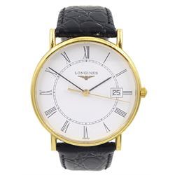Longines Présence gentleman's 18ct gold quartz wristwatch, Ref. L4.743.6, white dial with date aperture, on original black leather strap, boxed with warranty card dated 2012