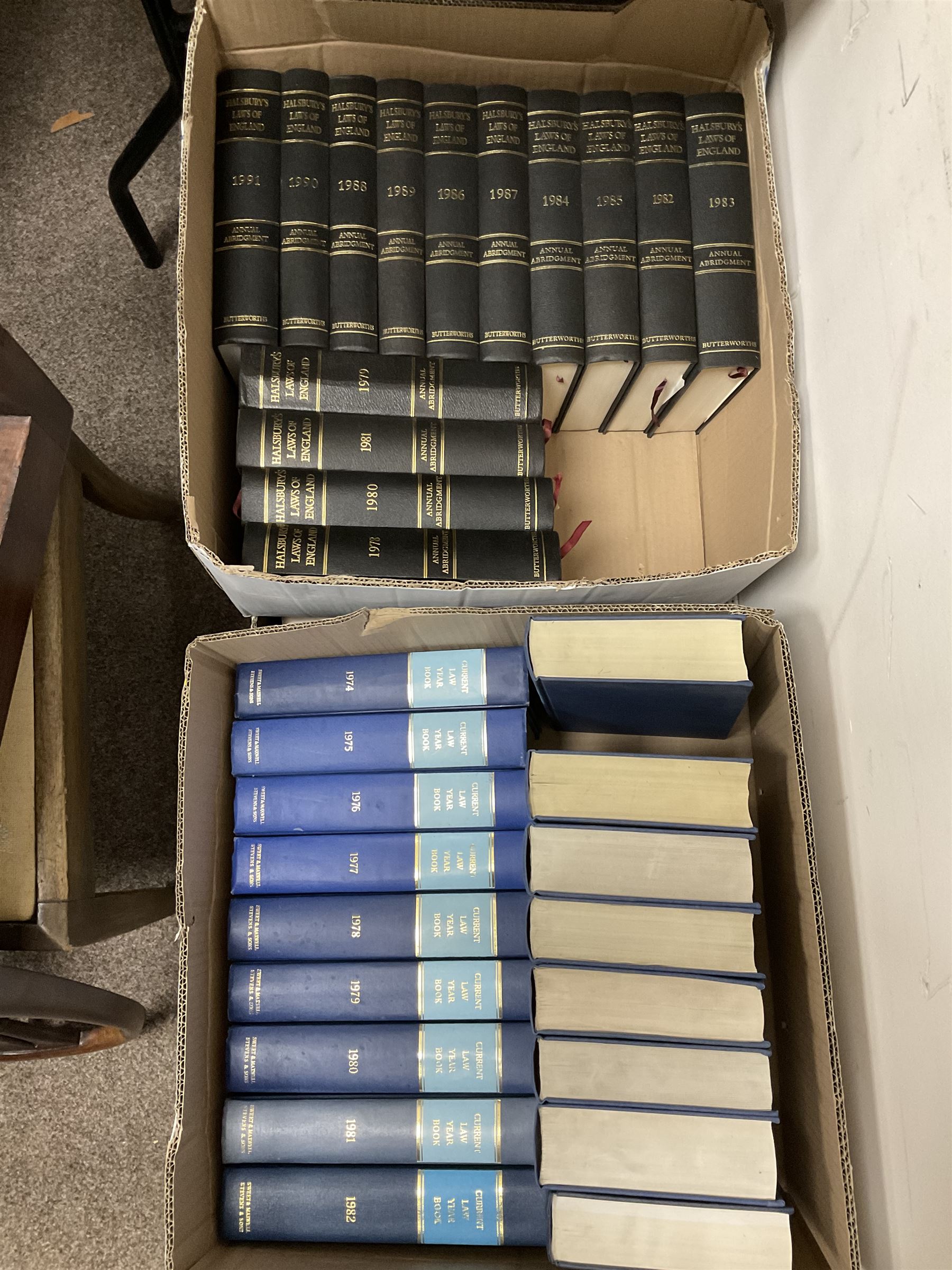 Large collection of law books, to include Halsbury’s Statutes, Atkin’s Court Forms, Current Law Year Books etc, in seventeen boxes